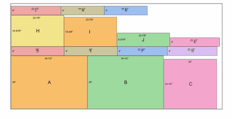 A cut chart showing parts nested onto a sheet of plywood