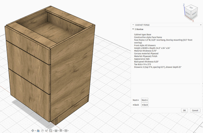 A base cabinet generated by CabinetForge, shown inside Fusion's Review step