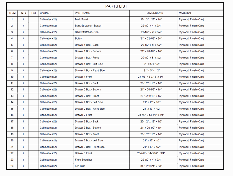 A parts list with one row per part, its dimensions, and material